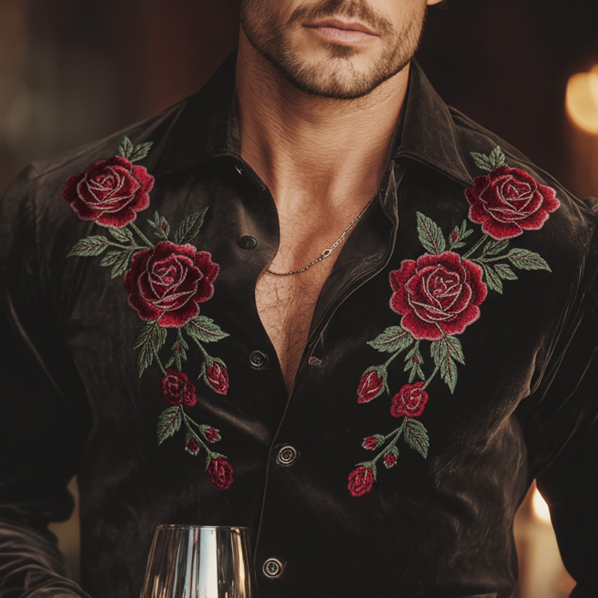 Men's Classic Vintage Rose Embroidery Faux Velvet Long-sleeved Shirt MTA0549L8K