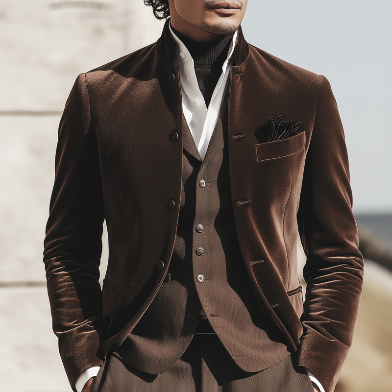 Men's Vintage Chocolate-colored Velvet Stand-collar Jacket MTA2994K1U