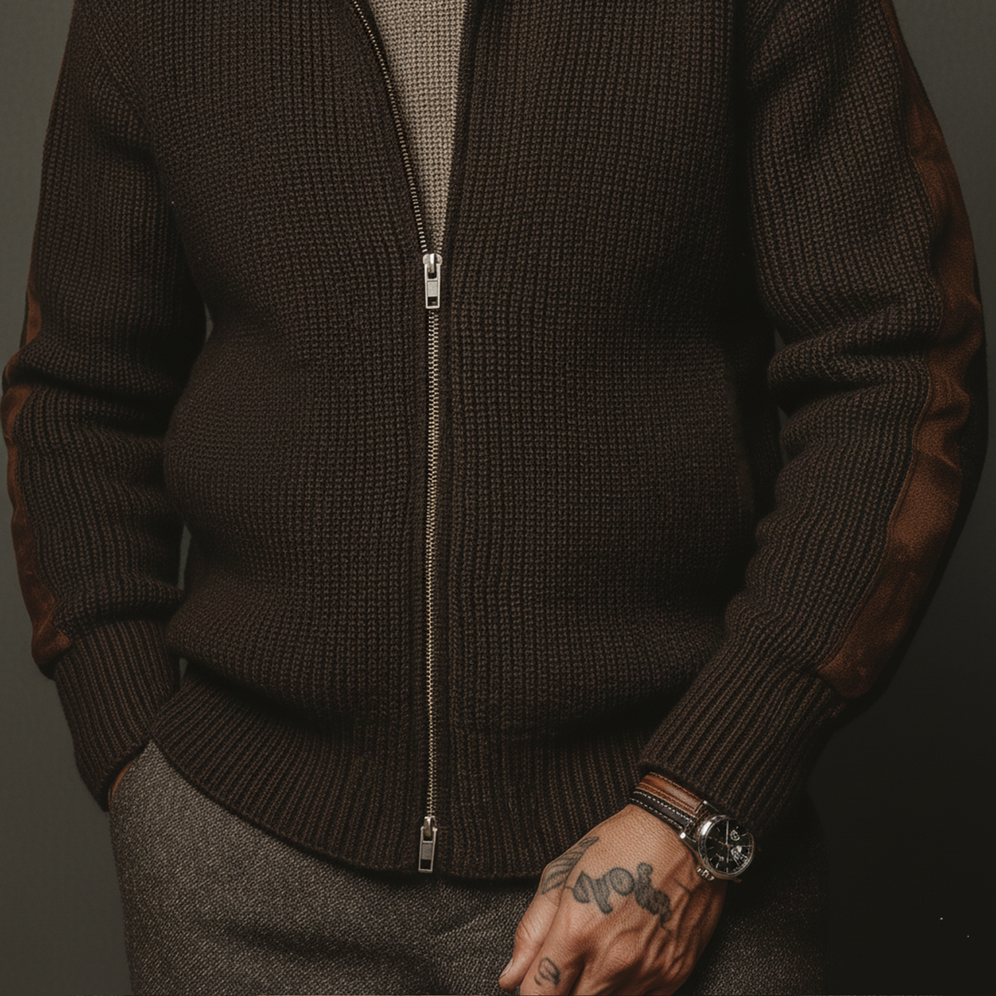 Men's Classic Casual Sleeve Paneled Faux Suede Stand Collar Zippered Knit Cardigan MTA0907J5K