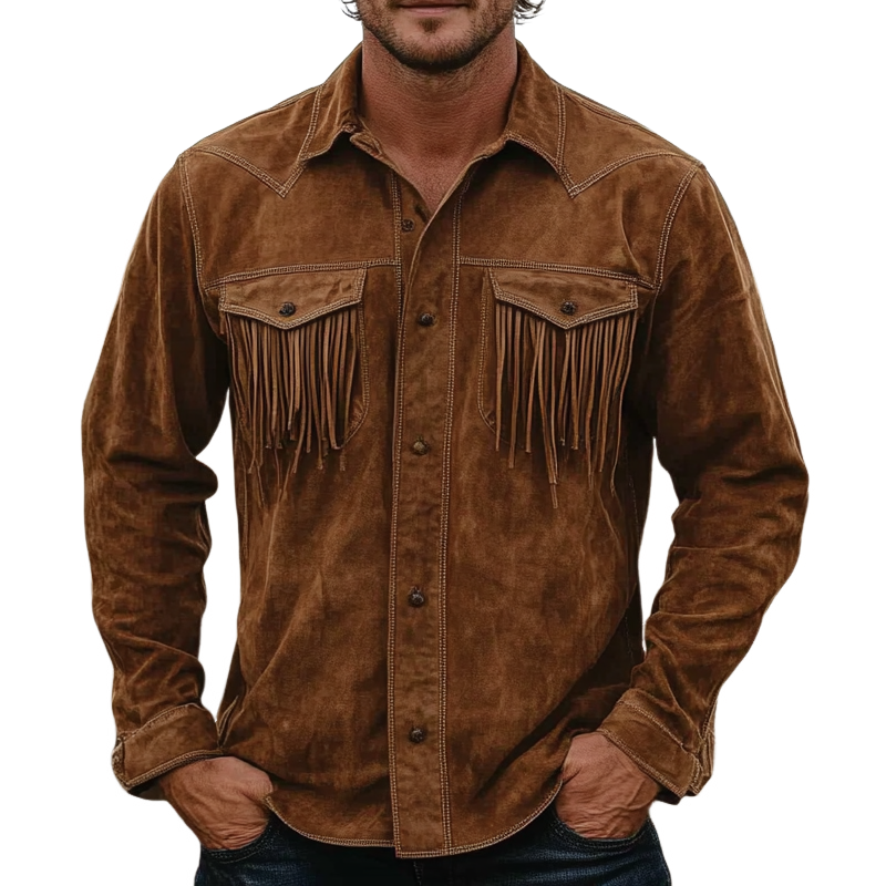 Men's Western Denim Tassel Pocket Faux Suede Long Sleeve Shirt MTA1999H1X