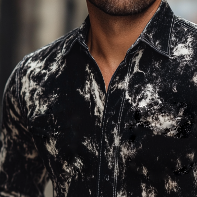 Men's Retro Casual Marble Print Velvet Lapel Long Sleeve Shirt MTA1996H0TO