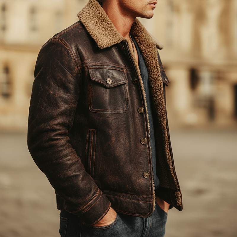 Men's Urban Warm Red-brown PU Leather Lambskin Lining Jacket MTA2006K4U