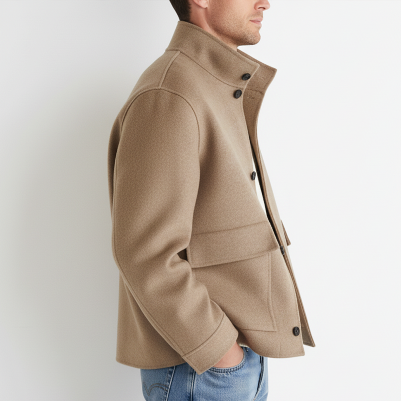 Men's Classic Business Khaki Stand-up Collar Faux Wool Jacket MTA1629L1U