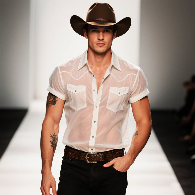 Men's Retro Casual Solid Color Cool Gauze Lapel Short Sleeve Shirt MTA2248E1TO