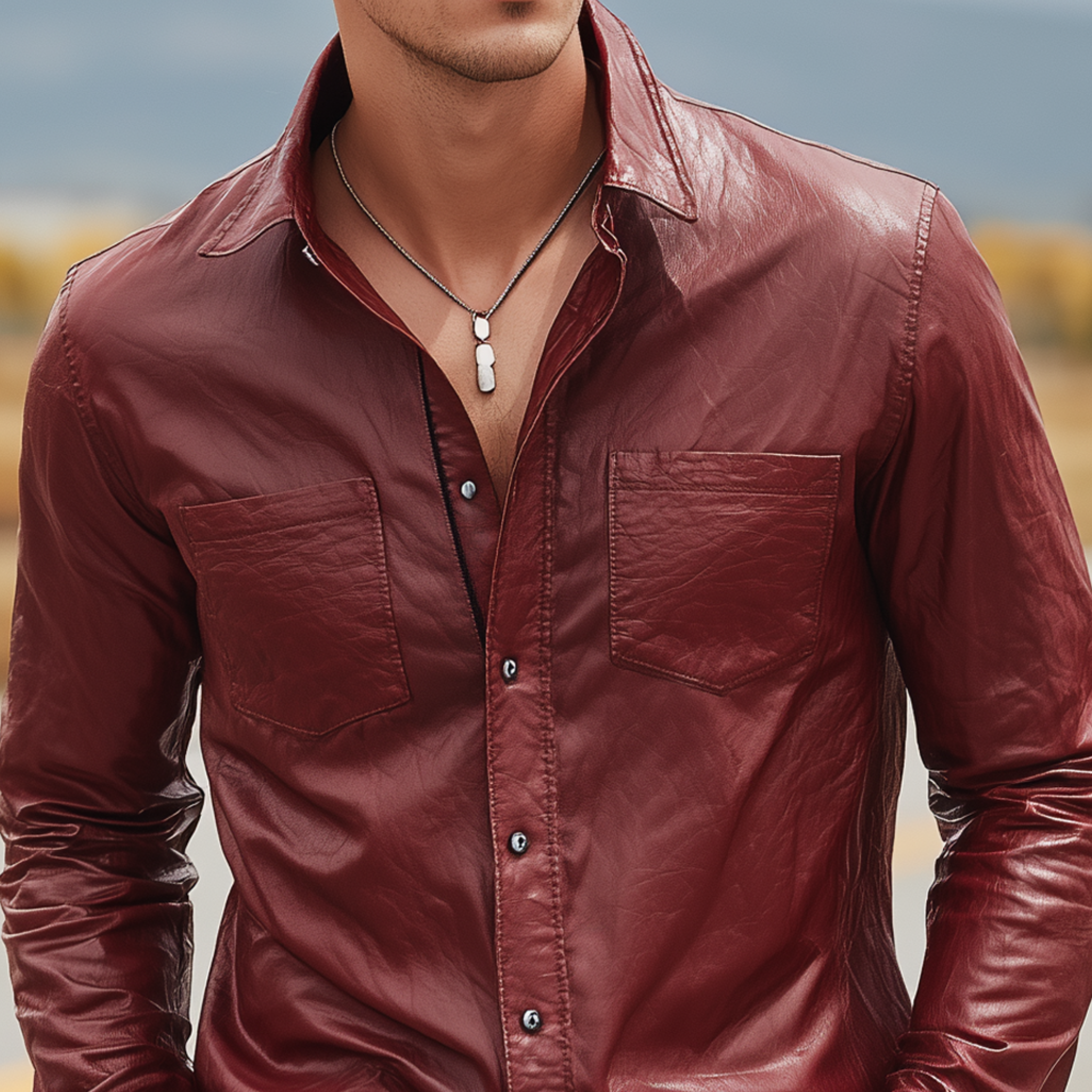 Men's Fashion Casual Pu Leather Slim Fit Metal Button Long Sleeve Shirt MTA0453H3K