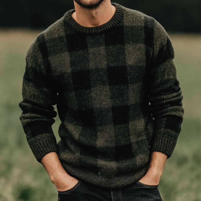 Men's Retro Casual Knitted Plaid Crew Neck Sweater MTA1702L5TO