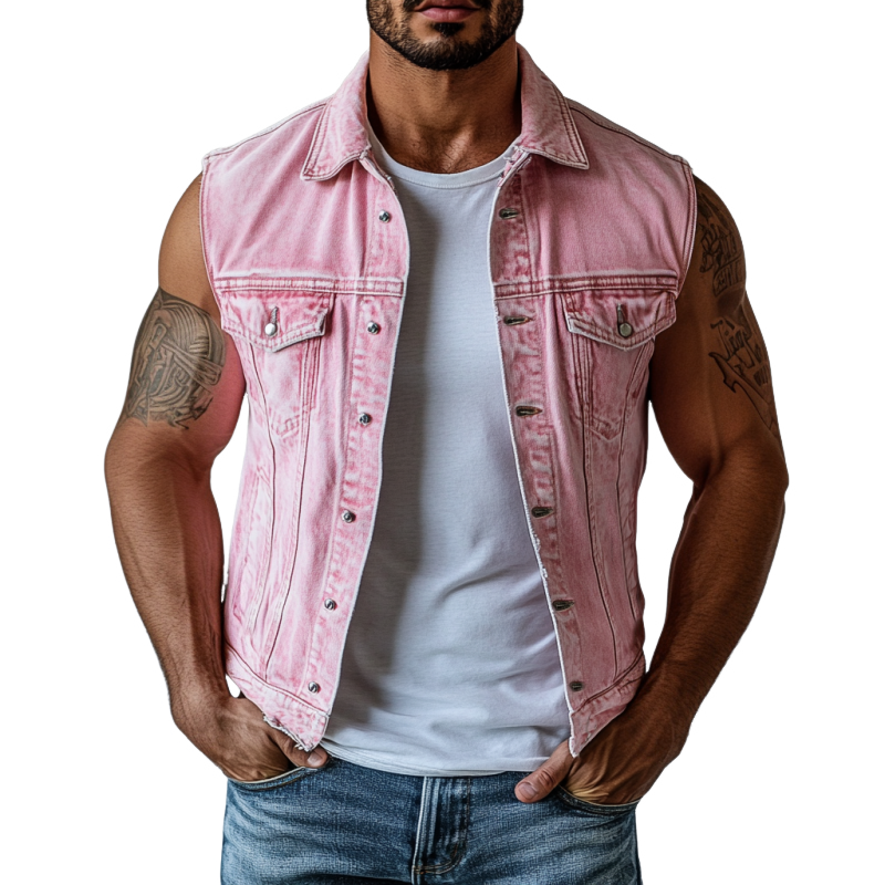 Herrevest med ermeløs krage og enkeltspent, vasket denim MTA1344F1Y