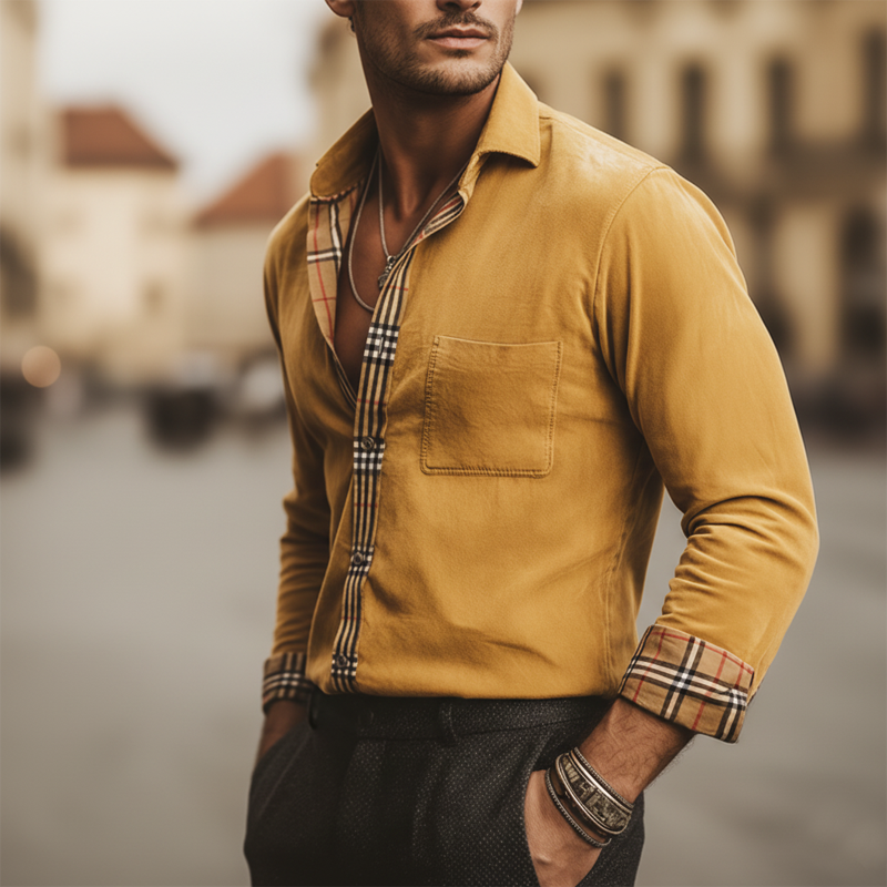 Men's Classic Faux Suede Patchwork Plaid Long-sleeved Shirt MTZ0678A4U