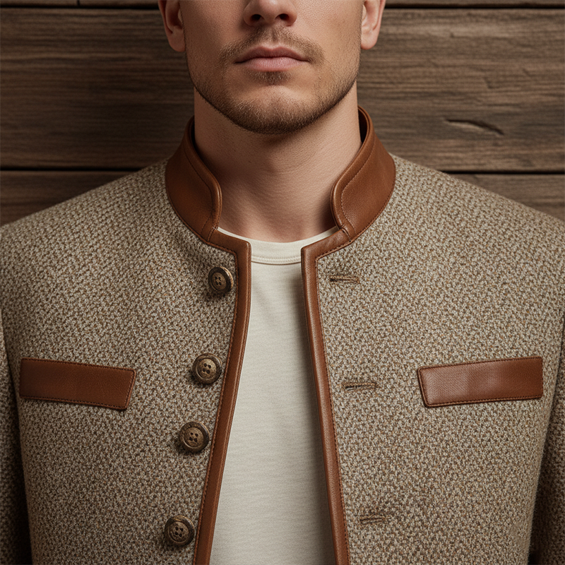 Men's Winter Fashion PU Patch Herringbone Faux Wool Mid-Length Coat MTA1503J9P