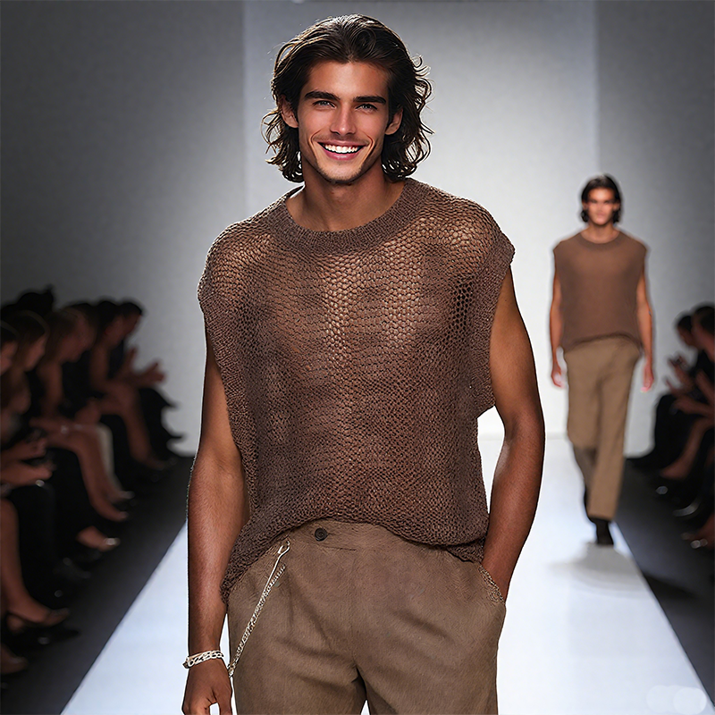 Men's Spring And Summer Fashion Casual Slightly Transparent Sexy Round Neck Knitted Tank Top MTA1609F8K