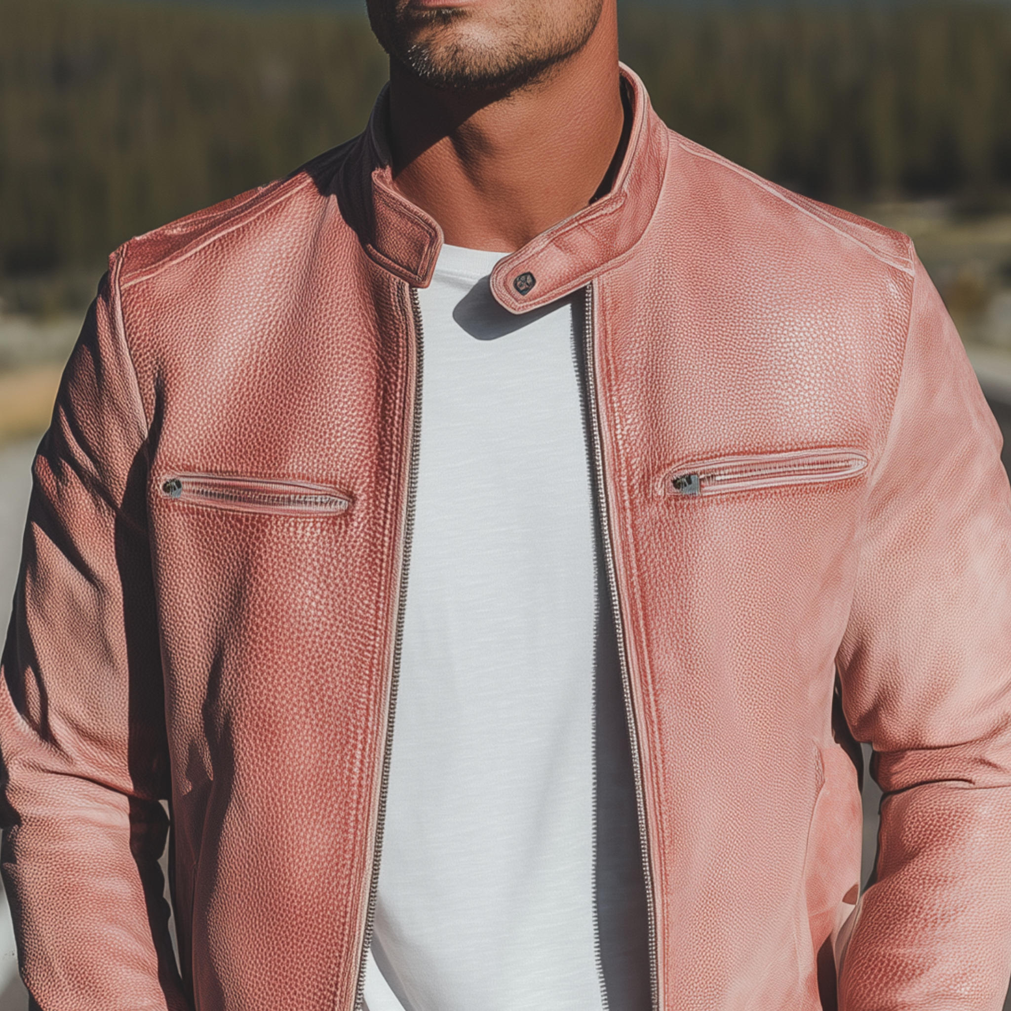 Men's Classic Casual Western Style Stand Collar Pink Textured PU Leather Zipper Jacket MTA1519H2K