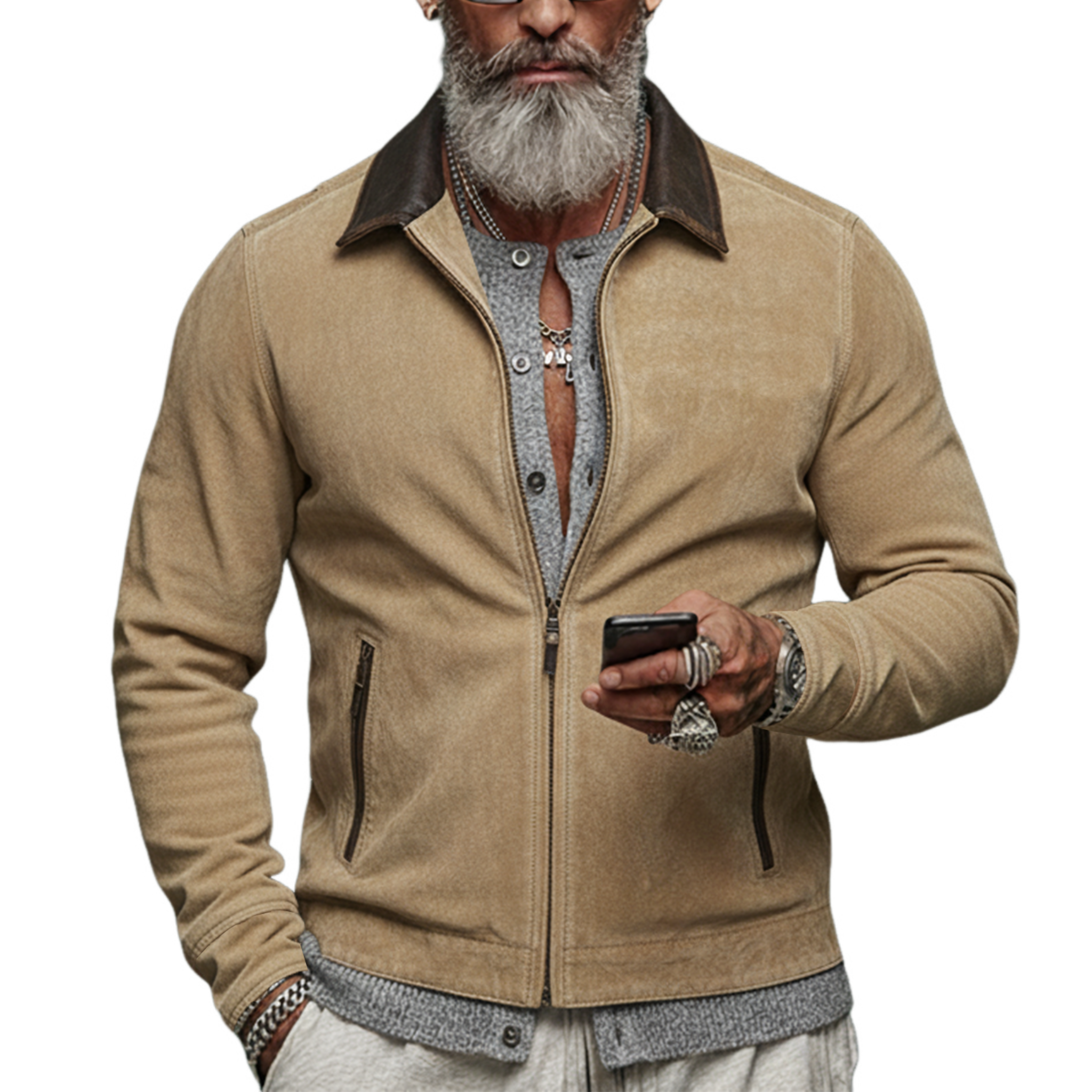 Men's Classic Vintage PU Leather Collar Zip-up Washed Cotton Blend Jacket MTA1791L8K