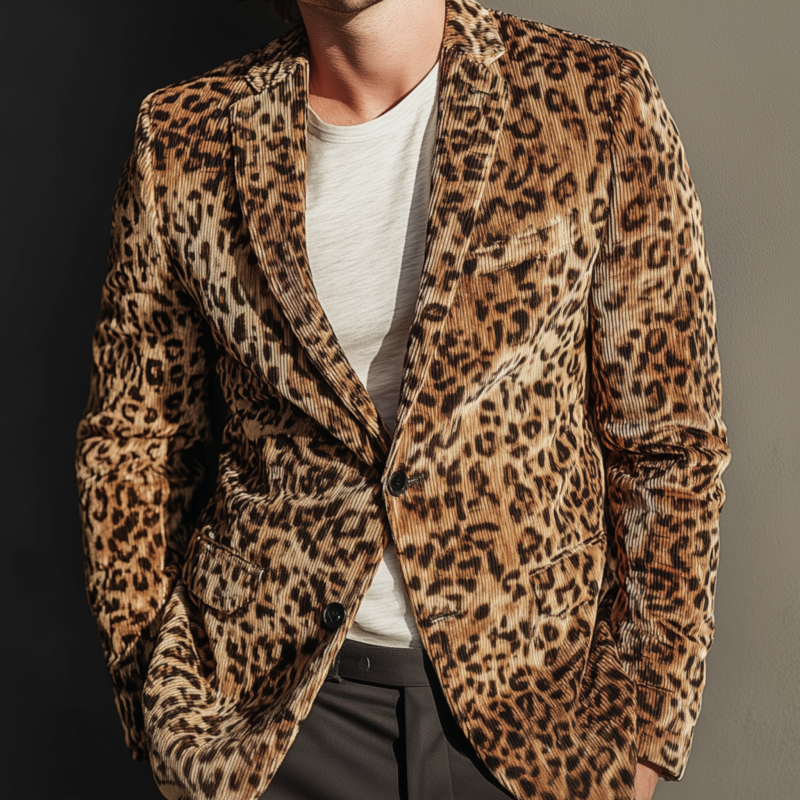 Men's Stylish Vintage Leopard Print Corduroy Notch Lapel Single-breasted Slim-fit Blazer MTA0796H0M