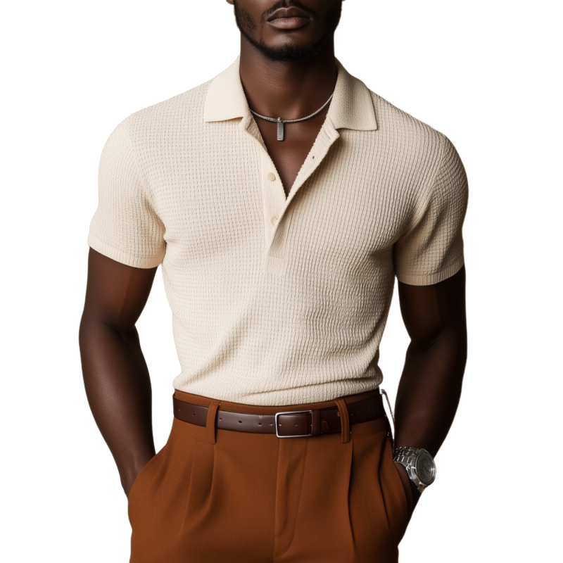 Men's Casual Breathable Cotton Blended Waffle Lapel Slim Fit Short Sleeve Polo Shirt MTA0494F2M
