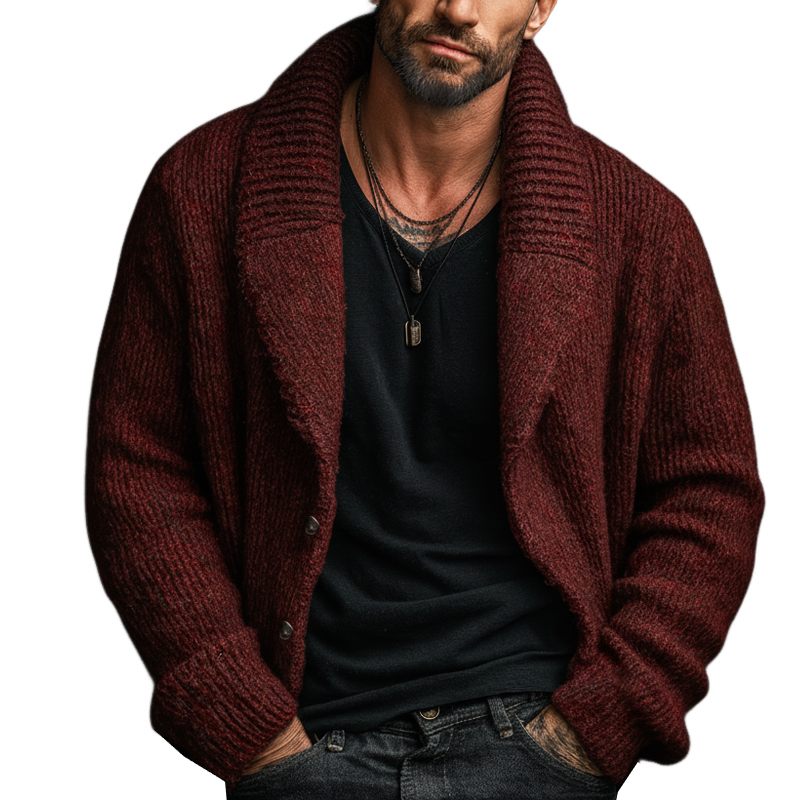 Men's Retro Dark Red Collar Button-Down Knit Cardigan MTA1248K8U