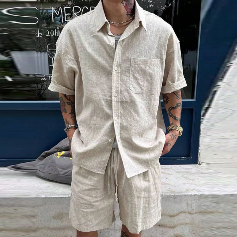 Men's Casual Breathable Linen Lapel Patch Pocket Loose Short Sleeve Shirt Elastic Waist Shorts Holiday Set MTA2755E5M