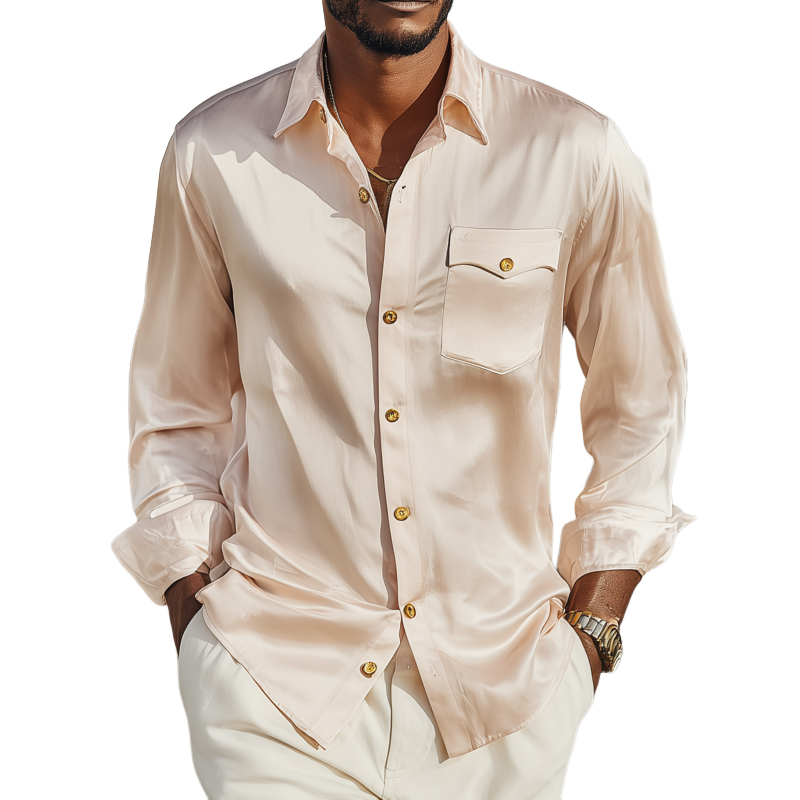 Men's Vintage Elegant Solid Satin Lapel Chest Pocket Slim Fit Long Sleeve Shirt MTA1169G3M