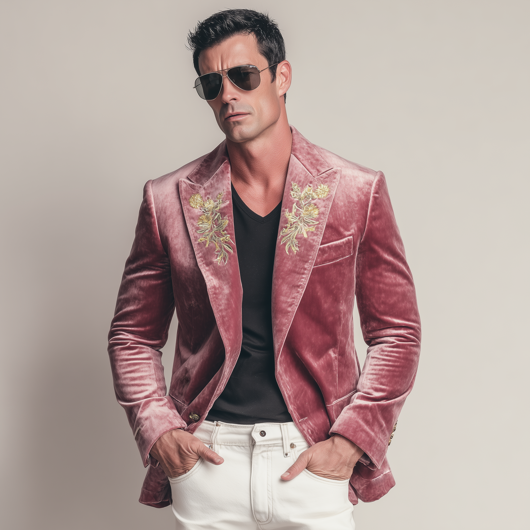 Men's Classic Formal Party Pink Velvet Embroidered Slim Fit Single-breasted Blazer MTA1544H4K