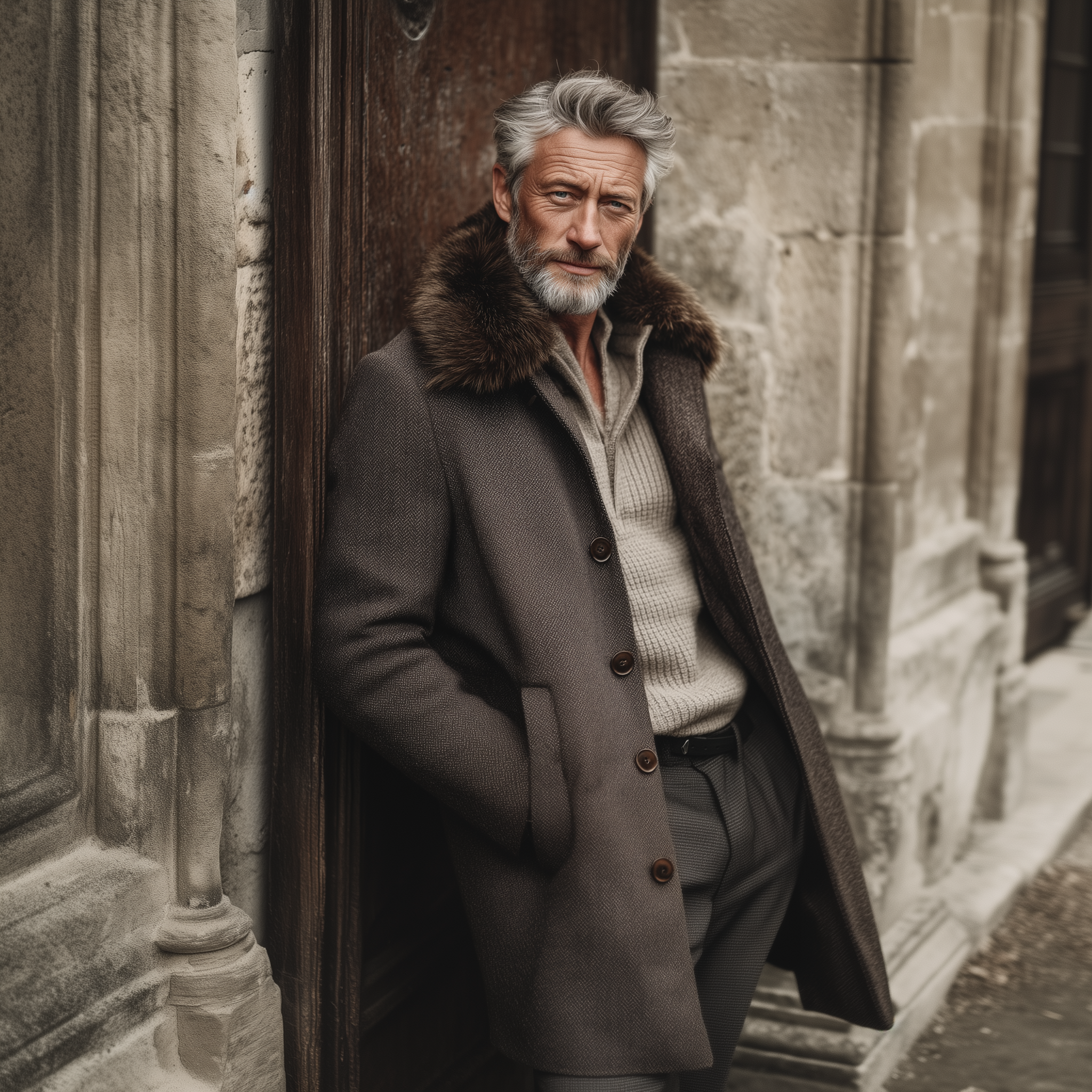 Men's Classic Vintage Faux Herringbone Thigh-Length Coat (Includes Removable Faux Fur Collar) MTA2522I1K