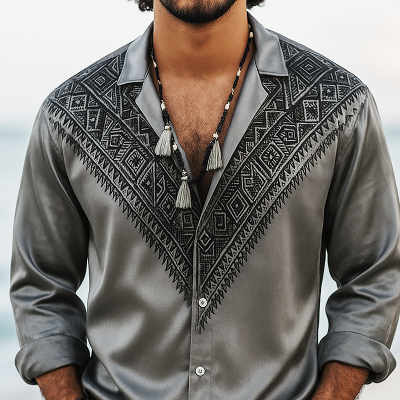 Men's Ethnic Print Satin Lapel Long Sleeve Shirt MTA0207H3Z