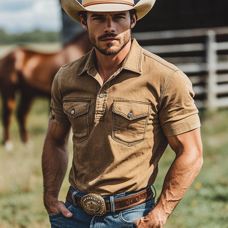 Men'S Cotton Solid Color Casual Multi-Pocket Short Sleeve Shirt MTA0975E8X