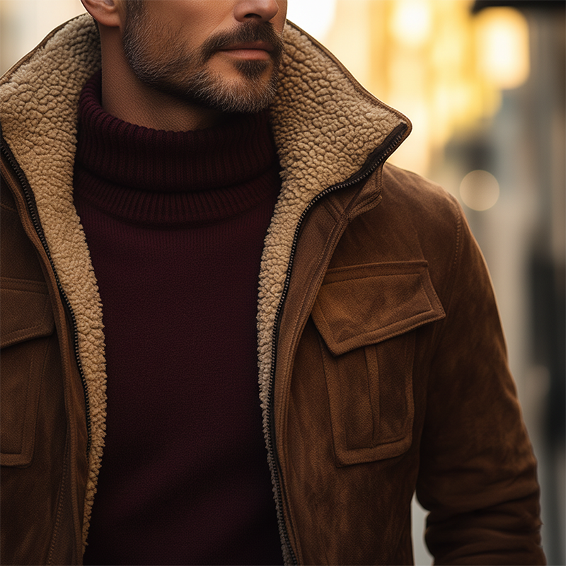 Men's Winter Retro Faux Suede Fleece Lined High-Neck Warm Jacket MTA0108K1P