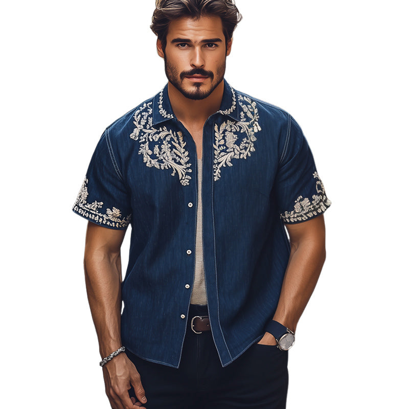 Men's Summer Silver Embroidered Lapel Denim Short Sleeve Shirt MTA2270E6U