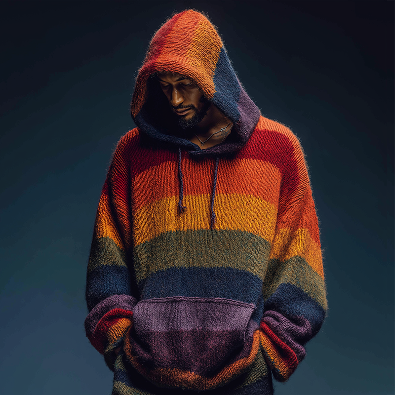 Men's Retro Casual Rainbow Knitted Hooded Pullover Sweater MTA2227K1TO