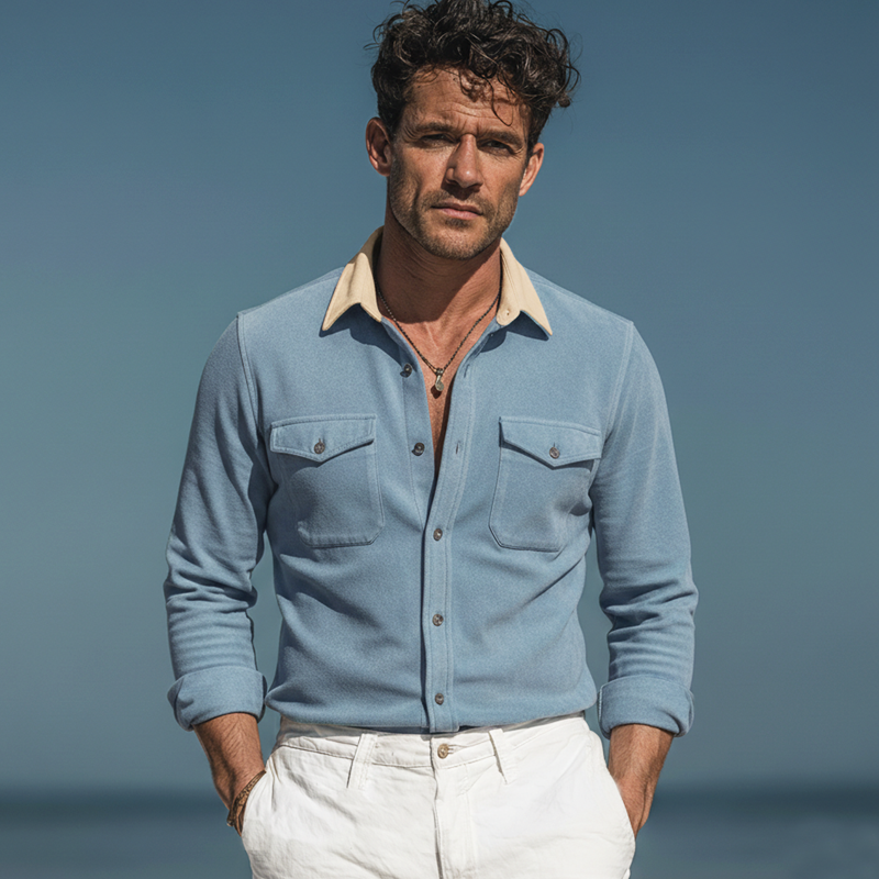 Men's Classic Sky Blue Faux Suede Color-blocked Collar Long-sleeved Shirt MTZ2869A1U