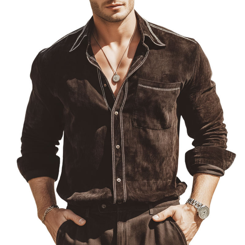 Men's Urban Business Faux Suede Contrasting Stitching Long-sleeved Shirt MTA2470L3U