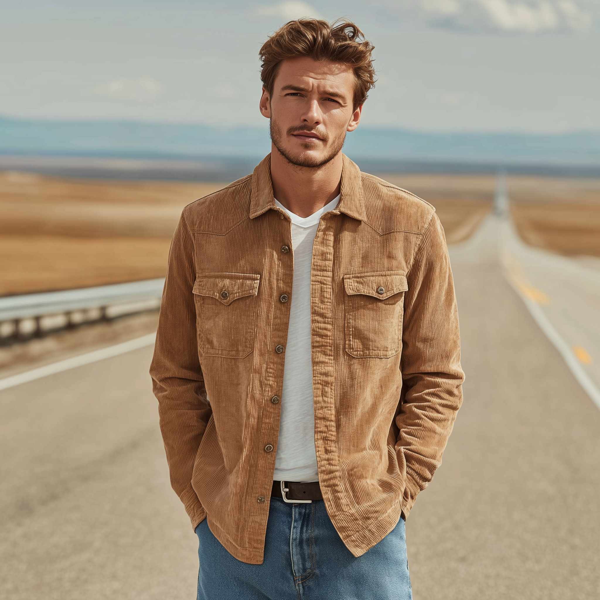 Men's Classic Casual Thin Corduroy Solid Color Multi-Pocket Long Sleeve Shirt MTA1882G9K