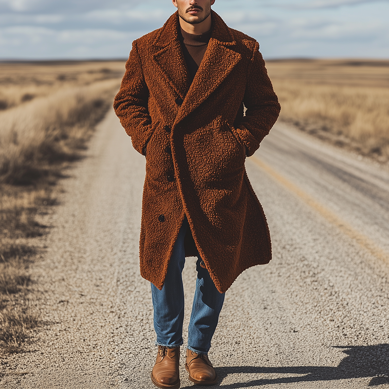 Men's Retro Solid Color Loose Fleece Lapel Button-Down Long Coat MTA3080J8X