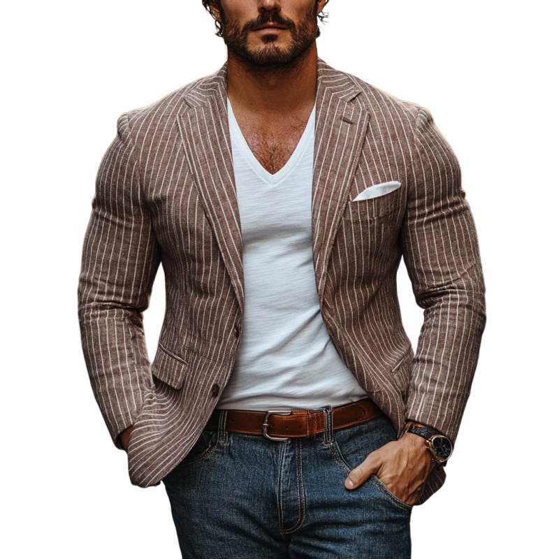 Men's Casual Breathable Linen Stripe Notched Lapel Single Breasted Slim Fit Blazer MTA2859D0M