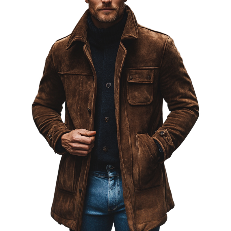 Men's Retro Solid Color Lapel Faux Suede Mid-Length Coat MTA0536K2X