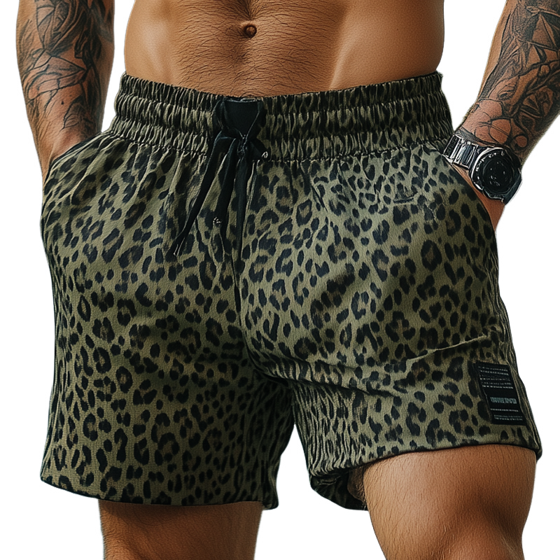 Men's Casual Leopard Print Elastic Waist Sports Shorts MTA2302F0X