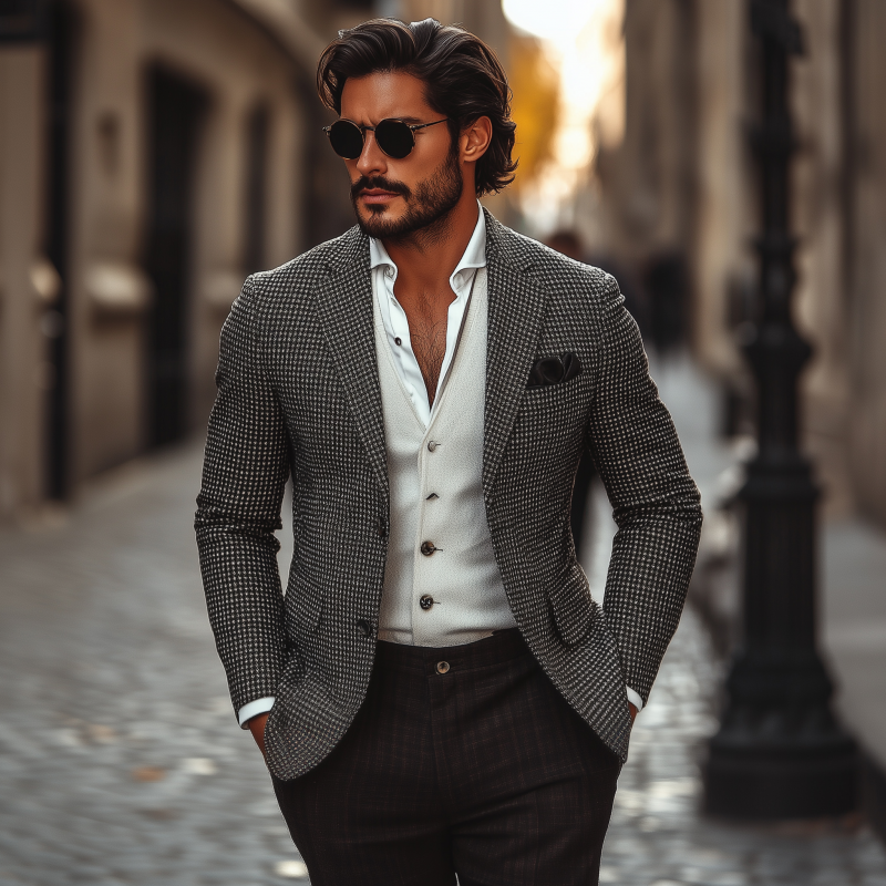 Men's Vintage Classic Houndstooth Notch Lapel Single-breasted Slim-fit Blzer MTA0810H1M