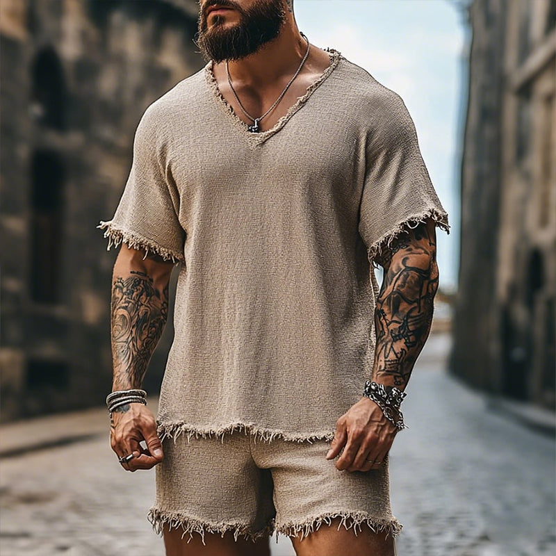 Men's Retro Casual Ripped V-Neck Short Sleeve T-Shirt Shorts Two-Piece Set MTA2558D2TO