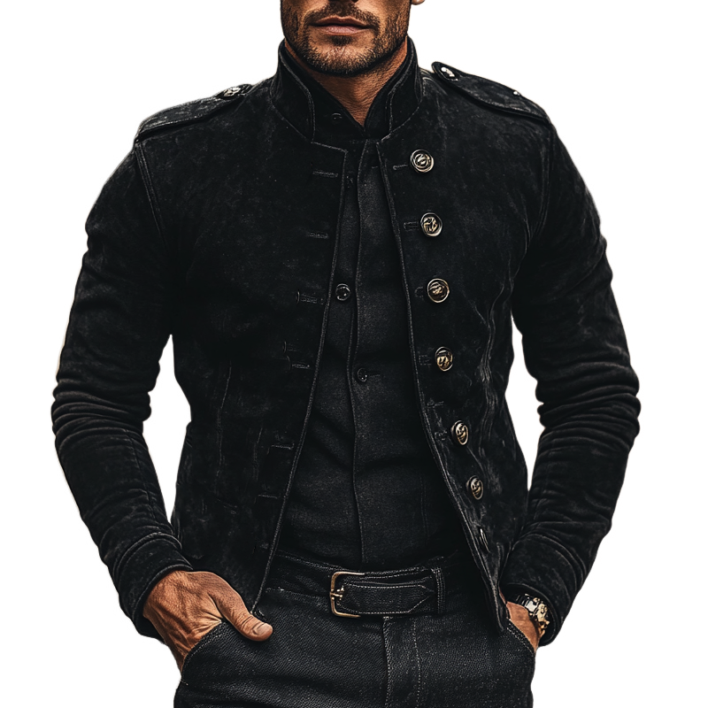 Men's Vintage Solid Color Stand Collar Single Breasted Faux Suede Jacket MTA2356I8X