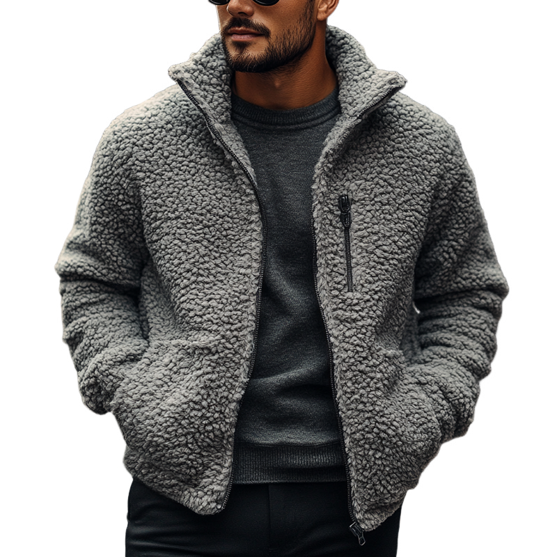 Men's Solid Color Fleece Stand Collar Zip-up Jacket MTA2659K5X