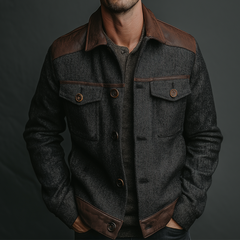 Men's Retro Casual Herringbone Tweed Patchwork PU Jacket MTA0168K0TO