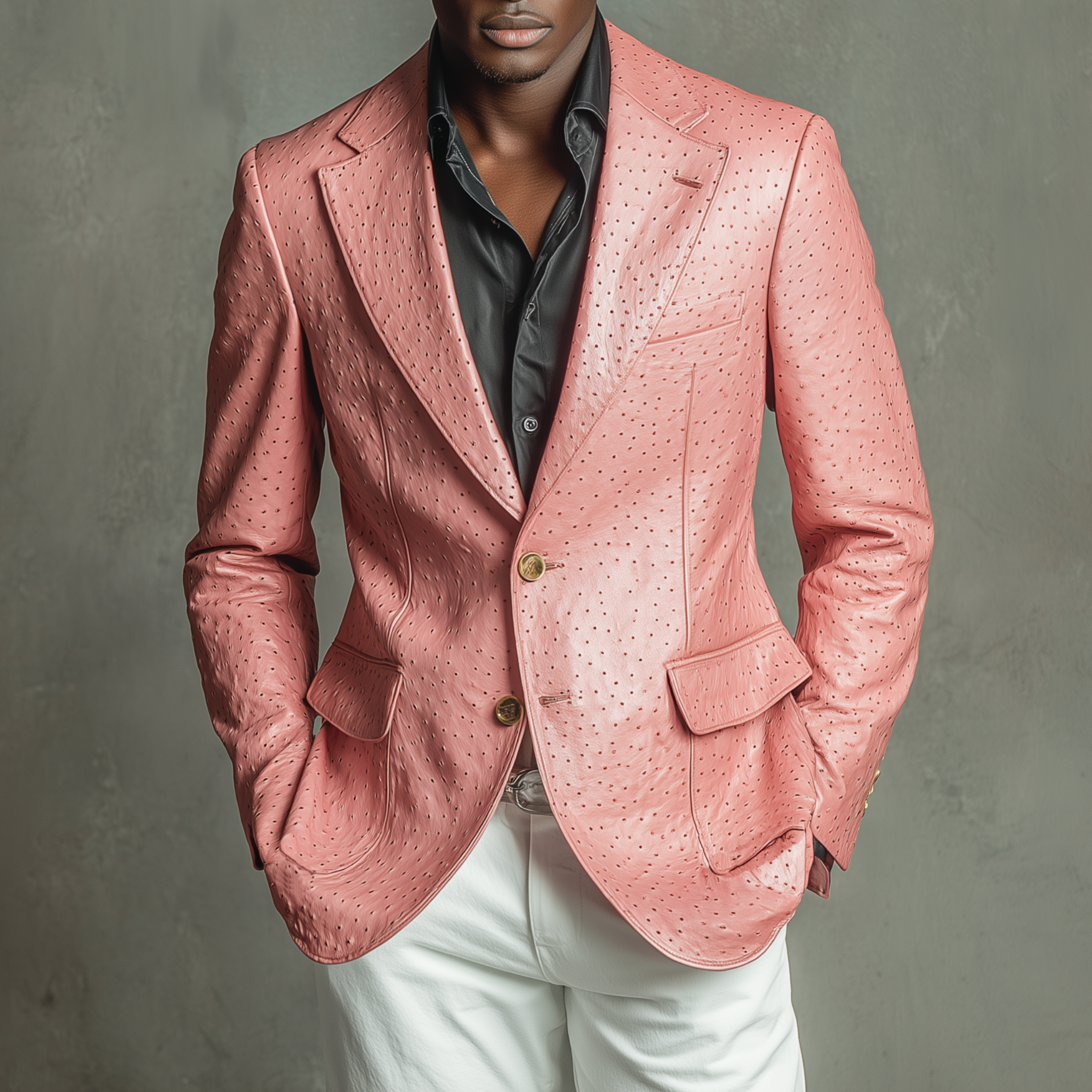 Men's Classic Retro Pink Textured PU Leather Slim Fit Single-breasted Blazer MTA1696H0K