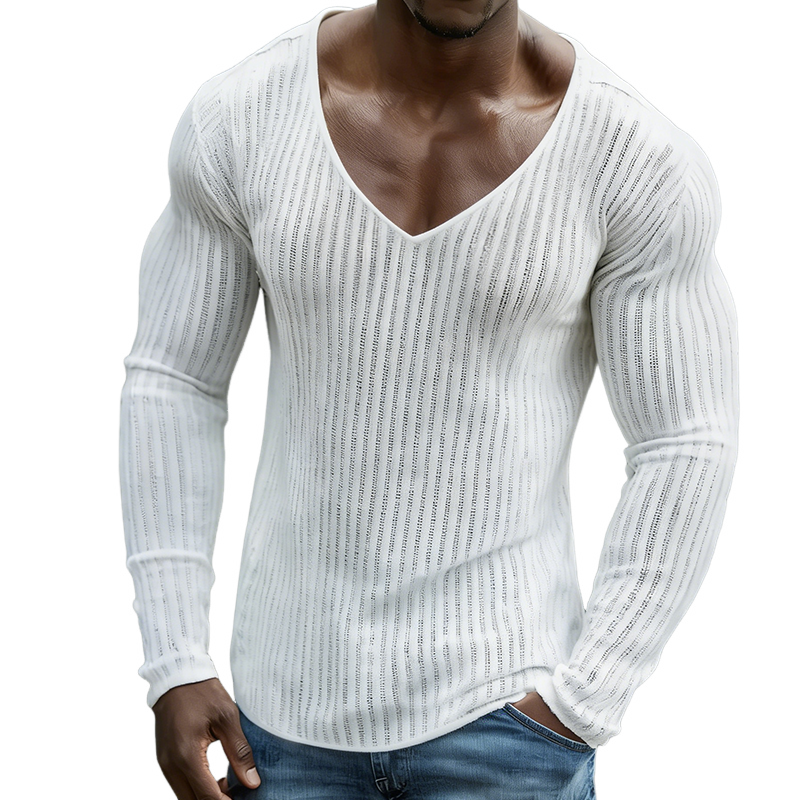 Men's Retro Casual Knit Ultra-Thin V-Neck Long Sleeve T-Shirt MTZ2943A6TO