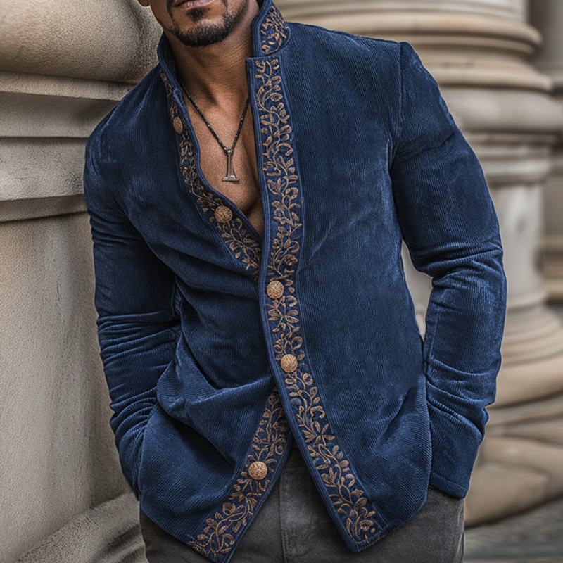 Men's Vintage Embroidered Corduroy Stand-collar Long-sleeved Shirt MTA2146K4U