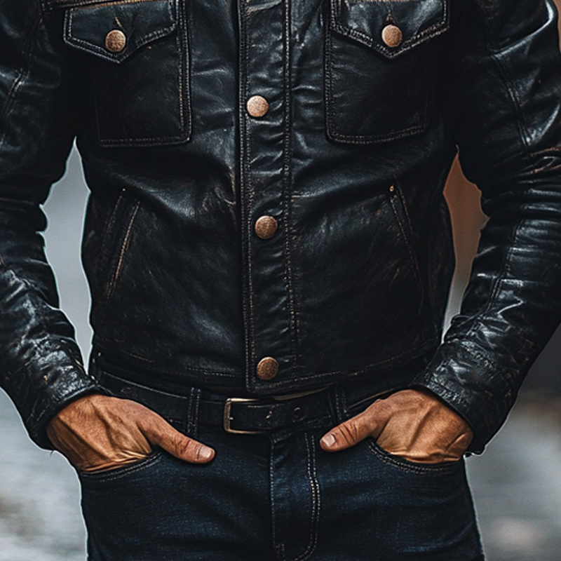 Men's Retro Motorcycle Style Multi-Pocket Stand Collar PU Jacket MTA1862H4X