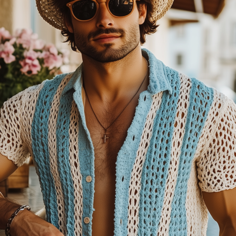 Men's Summer Fashion Casual Knitted Hollow Vertical Striped Short-sleeved Shirt MTA2667F2K