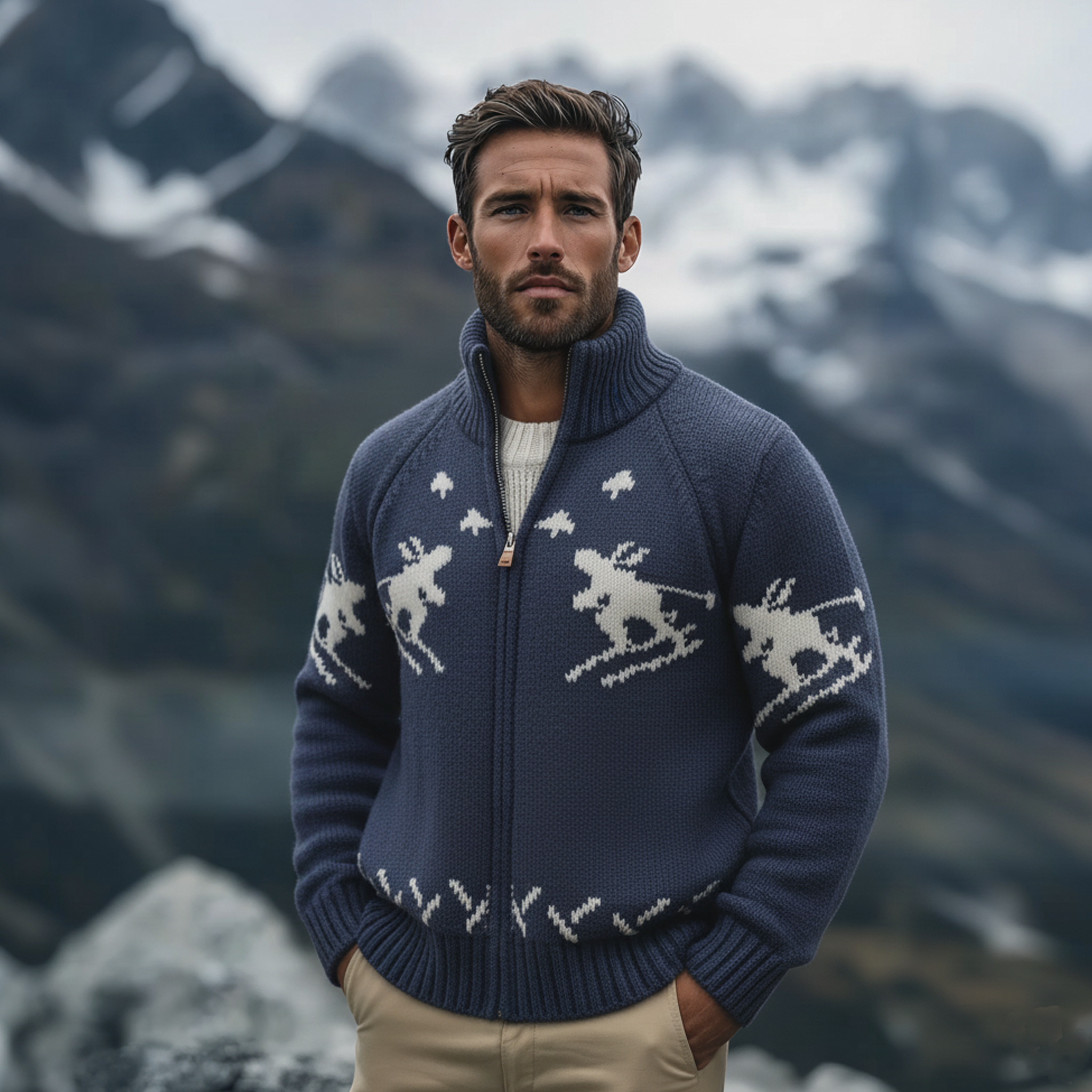 Men's Classic Casual Stand Collar Jacquard Knit Cardigan MTA3051K0K