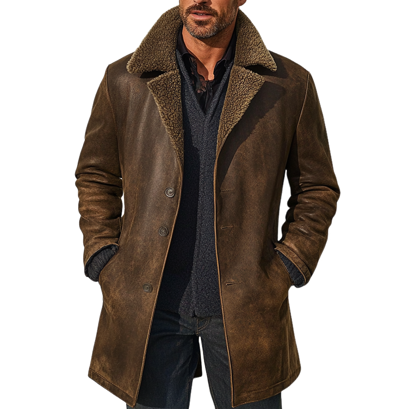 Men's Retro Distressed Faux Leather Collar Patchwork Fleece Mid-Length Coat MTA1530K0X