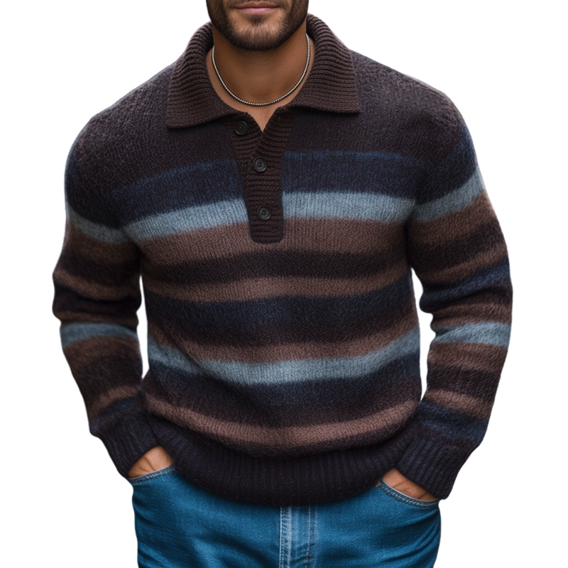 Men's Classic Color-blocked Striped Three-button Polo Collar Sweater MTA0658K3U