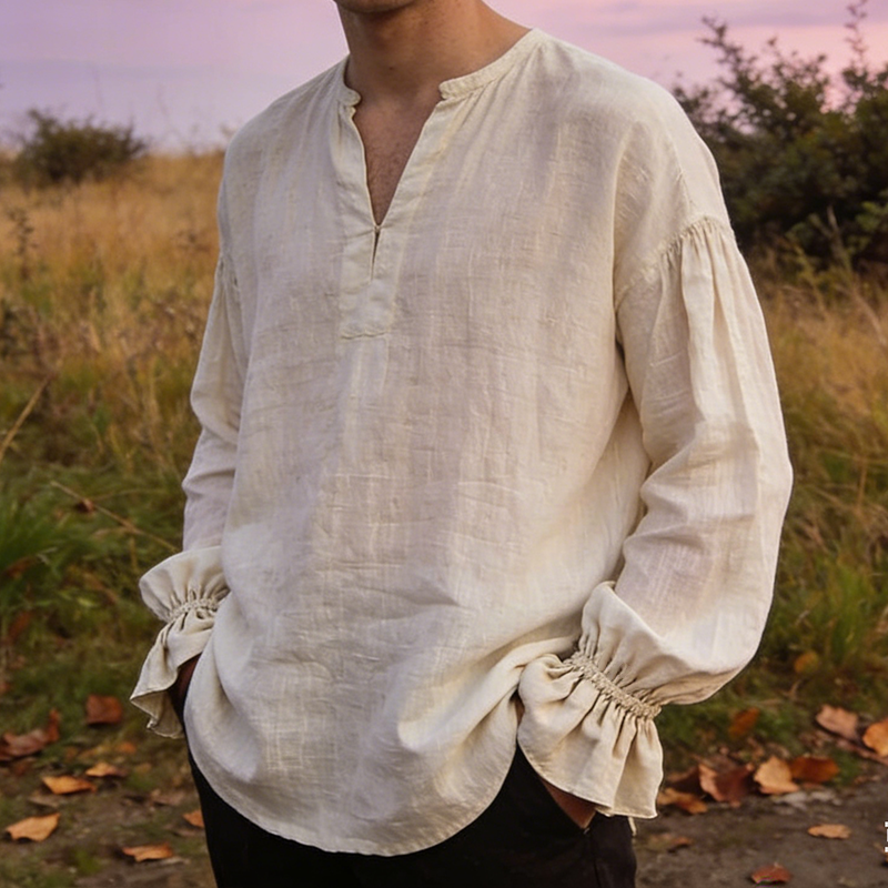 Men's Retro Casual Cotton Linen V-Neck Pullover Long-Sleeve Shirt MTA1230L8TO