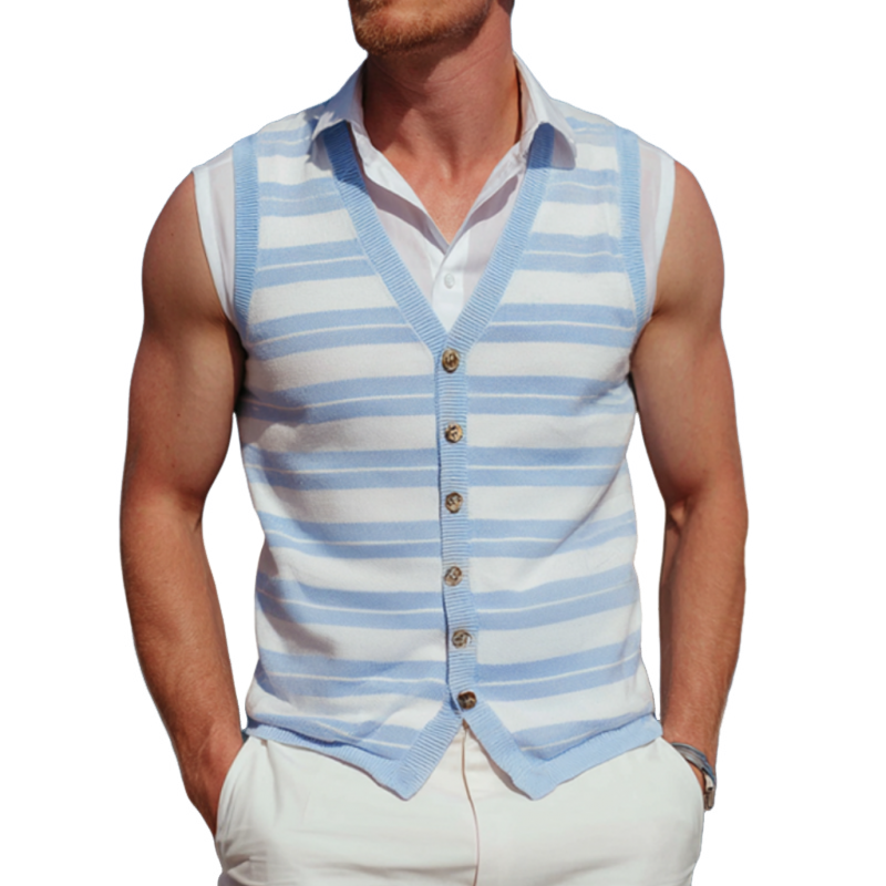 Men's Fashion Contrast Striped Thin V-neck Single-breasted Slim Fit Knitted Vest (Shirt Excluded) MTA0150G7M